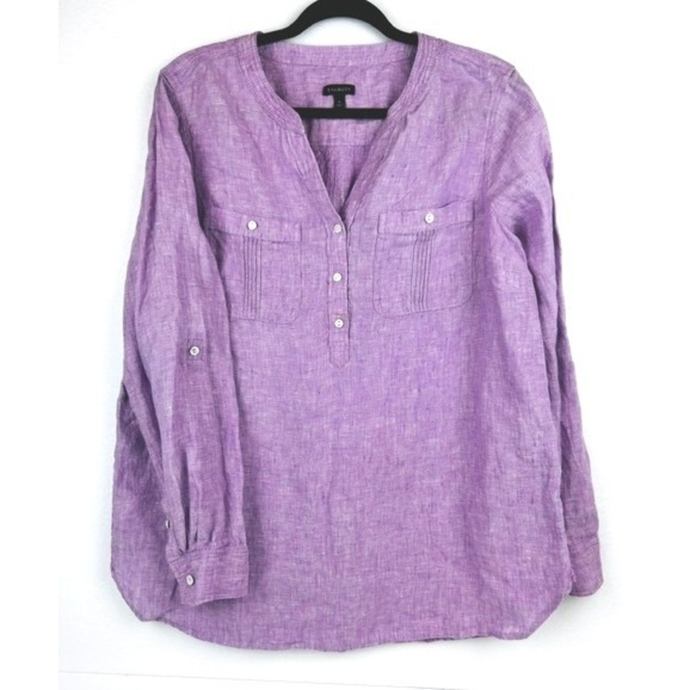 Talbots 100% Linen Henley Boho Blouse Lavender Long Sleeve Women Size L
